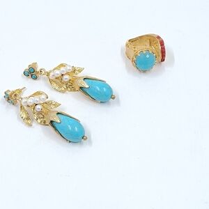 Gold and Turquoise Earrings and Ring Set